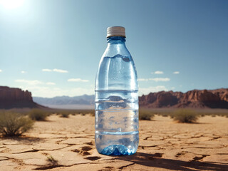 bottle of water in the middle of the desert, the film light, panoramic shot