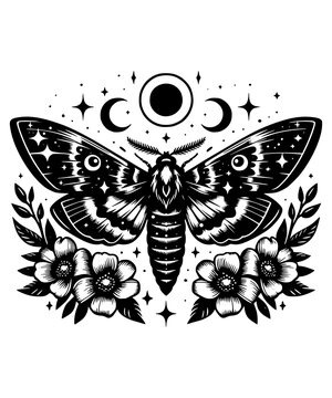 Black moth illustration in all black vector style, celestial moth with sun, moon, starts, flowers, leaves, boho, cottagecore, naturecore, logo stamp icon tattoo flash art 