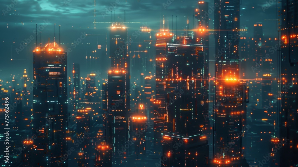 Poster an abstract cityscape with pulsating tech structures