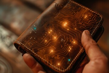   A tight shot of a hand clutching a wallet Its interior sports a circuit board design - obrazy, fototapety, plakaty