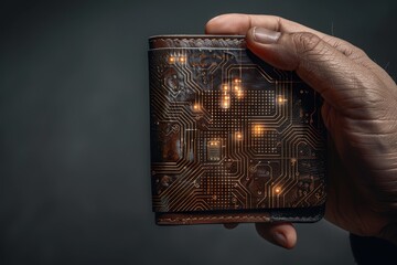   A person closely holds an electronic device with a glowing screen and intricate circuit board design visible on its back