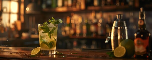   A tight shot of a tall glass holding a drink, garnished with a lime slice and fresh mint leaves - obrazy, fototapety, plakaty