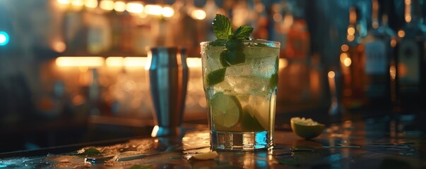   A tight shot of a drink in a glass, adorned with a lime and mint garnish atop its rim