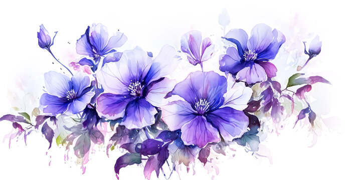 A painting of purple flowers with a white background.