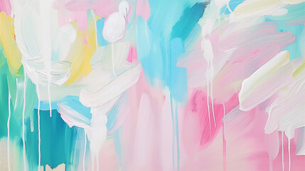 Abstract painting in pastel colors with brush marks and paint drips. Soft, light, modern art background.