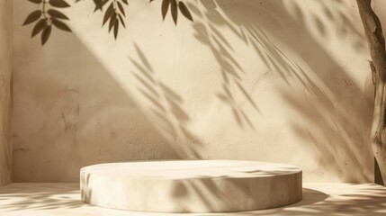 Minimal beige brown cement podium with leaf shadow for luxury organic cosmetic, skincare, beauty treatment product background