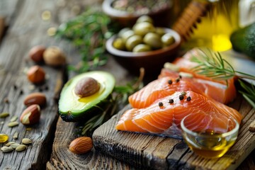   Arrange salmon, avocado, nuts, and olives on a wooden cutting board