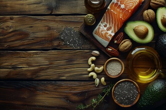   Fish, nuts, avocados, and other healthful foods are artfully arranged on a wooden table