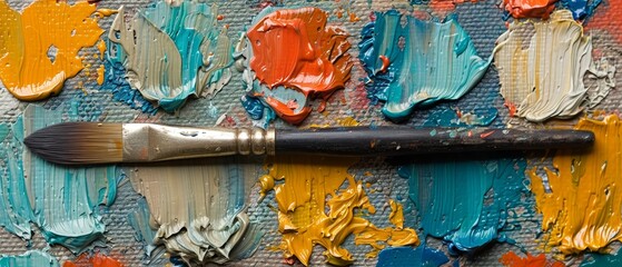  A paintbrush atop a paper-covered palette of various acrylic hues