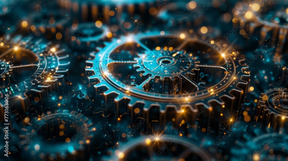 Poster an intricate network of interconnected gears and cogs symbolizing technology