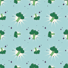 Vector retro seamless pattern with cute smiling baby broccoli on light blue background