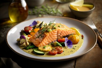AI-generated illustration of a salmon steak served with sauce and flowers