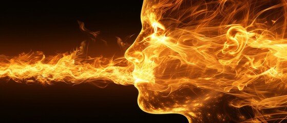   A face with fire erupting from one side and a black background on the other