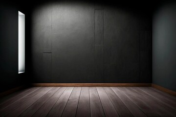 AI-generated illustration of an empty room interior with black walls and a single window