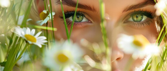   A tight shot of a woman's green-eyed face, foregrounded by daisies, against a backdrop of a daisy-filled field - obrazy, fototapety, plakaty