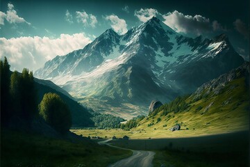 AI-generated illustration of mountain landscapes under a cloudy sky