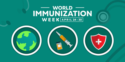 World Immunization Week. Earth, syringe and Shield. Great for cards, banners, posters, social media and more. Blue background.