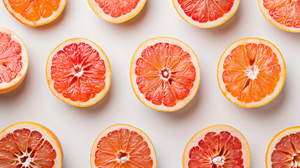 top down view of half grapefruits evenly distributed on white background