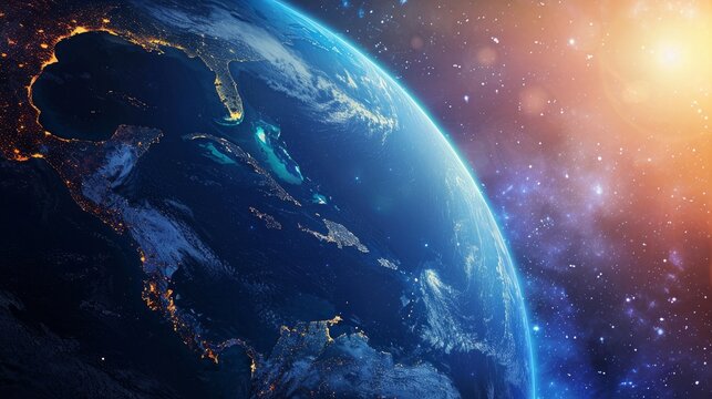 Blue Earth in the space. Colorful art. Solar system. Blue gradient. Space wallpaper. Elements of this image furnished by NASA 