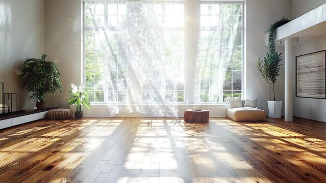 Empty room with white curtains with city view. 3D Rendering.