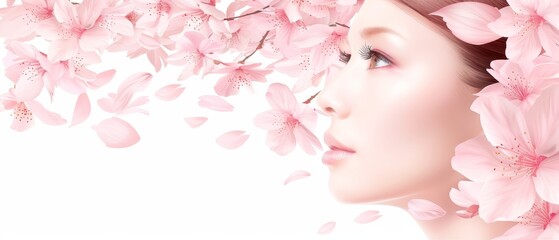  A woman's face, closely framed, adorned with a bouquet of pink flowers atop her head against a pristine white background