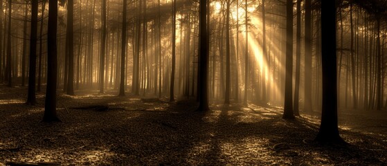   In a foggy, dark forest, tall, thin trees allow the sun's rays to penetrate and shine - obrazy, fototapety, plakaty