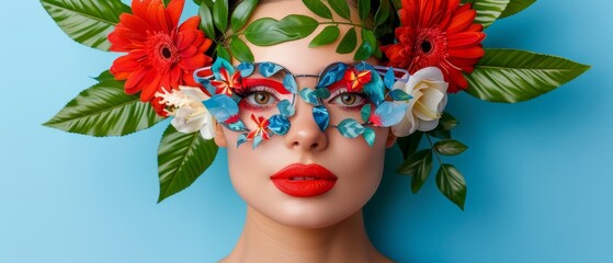   A mannequin wearing flowers and leaves on its head, topped with glasses