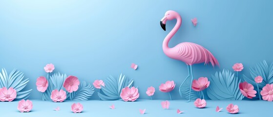   A pink flamingo centers field of pink blooms, where butterflies dance in blue sky background