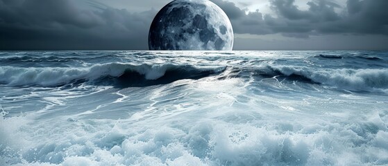   A full moon image in the night sky, hovering above a tranquil body of water, with a single wave gracefully cresting in the foreground