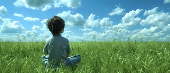   A young boy sits in a field of tall grass, gazing at a blue sky peppered with white clouds - obrazy, fototapety, plakaty