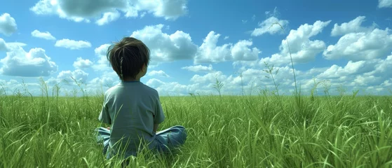 Foto op Canvas   A young boy sits in a field of tall grass, gazing at a blue sky peppered with white clouds © Jevjenijs