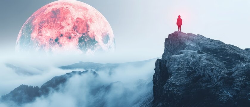   A man atop a mountain gazes out at a colossal red orb of fire suspended in a cloud-strewn sky