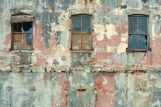 An old building with peeling paint stands in a barren dirt landscape, showcasing three windows and intricate textures