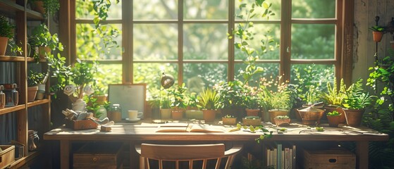   A room teeming with numerous potted plants and a wooden table, bearing a solitary book, situated by a window - obrazy, fototapety, plakaty