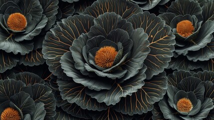  browning buds and green leaves, orange centers blooming within petal depths - obrazy, fototapety, plakaty