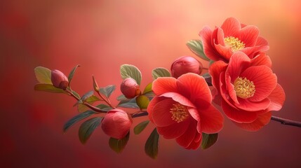   A red backdrop showcases a flower up close, complete with leaves and buds, the surrounding environment softly blurred