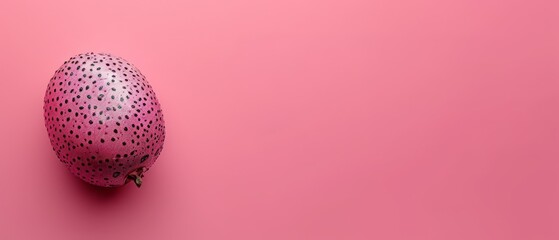   A crisp piece of fruit against a pink backdrop, sporting a speckled pattern atop ..Or, for a more concise version: