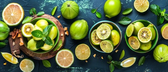  oranges and limes atop, while lemons reside in a separate bowl - obrazy, fototapety, plakaty
