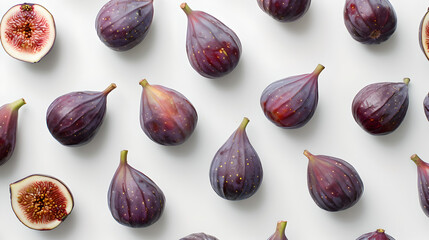 top down view of figs evenly distributed on white background