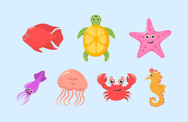 Marine animals and aquatic plants. Underwater creature set vector isolated. Set of funny ocean animals isolated on a white background. Sea creatures. Funny cartoon character. Vector illustration.
