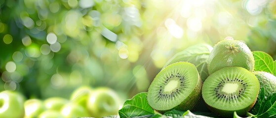   A kiwi pile atop a verdant plant, surrounded by emerald leaves - obrazy, fototapety, plakaty