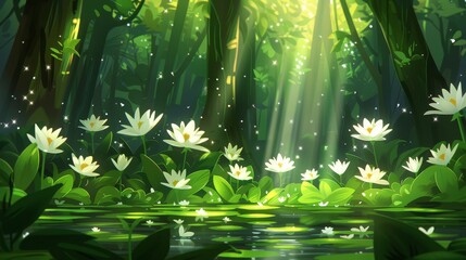   A painting of water lilies in a forest with sunlight filtering through trees and water lilies in the foreground