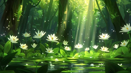 Foto op Canvas   A painting of water lilies in a forest with sunlight filtering through trees and water lilies in the foreground © Jevjenijs
