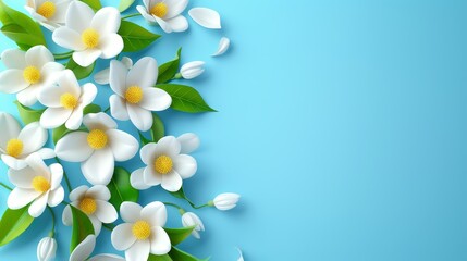   White flowers with green leaves against a blue backdrop Include text or image insertion area