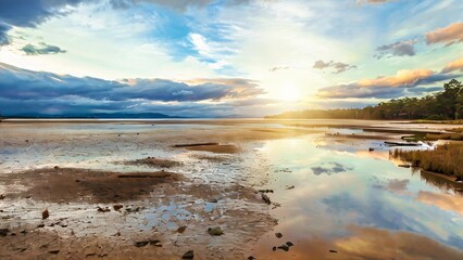 Daniels Bay at sunset, Lunawanna, Bruny Island, Tasmania, Australia. Clouds in the sky reflected on the water.