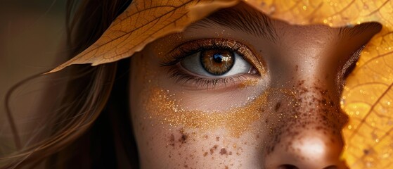  a leaf rests on her forehead, her blue-eyed gaze is veiled by a eyeshade - obrazy, fototapety, plakaty