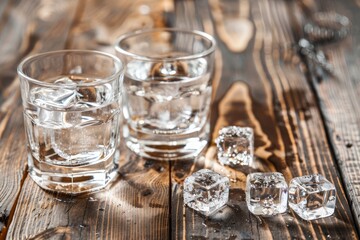   Three glasses of water, each with ice cubes, sit on a weathered wooden table A spoon and spoon rest are placed beside them
