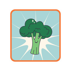 Vector patch sticker poster with cute smiling baby broccoli on blue background in square frame
