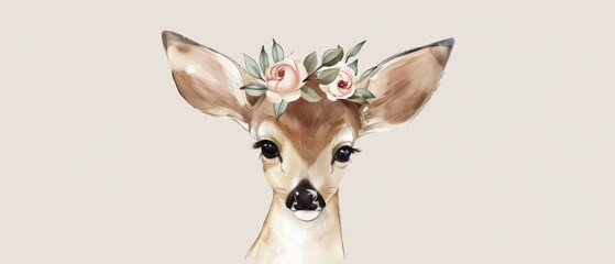   A watercolor painting of a deer wearing a flower crown on its antlered head
