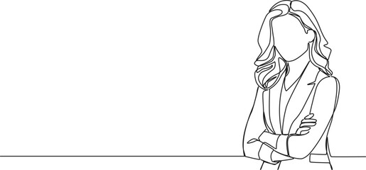 continuous single line drawing of businesswoman standing with arms crossed, line art vector illustration